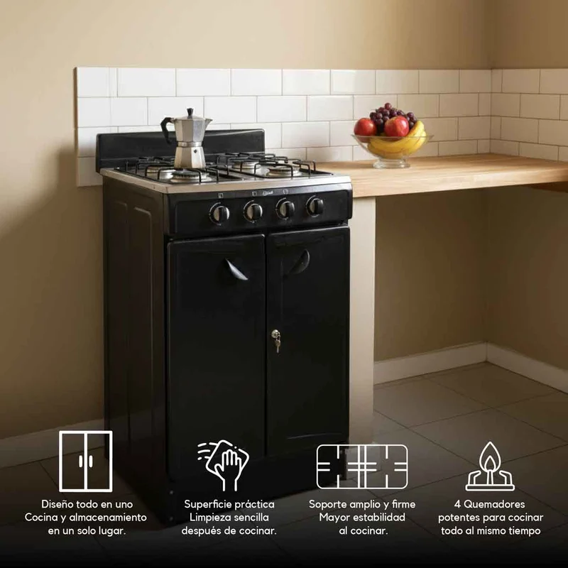 Estufa de 4 puestos con gabinete a gas natural en acero inoxidable negro, con medida de 50x55 Continental