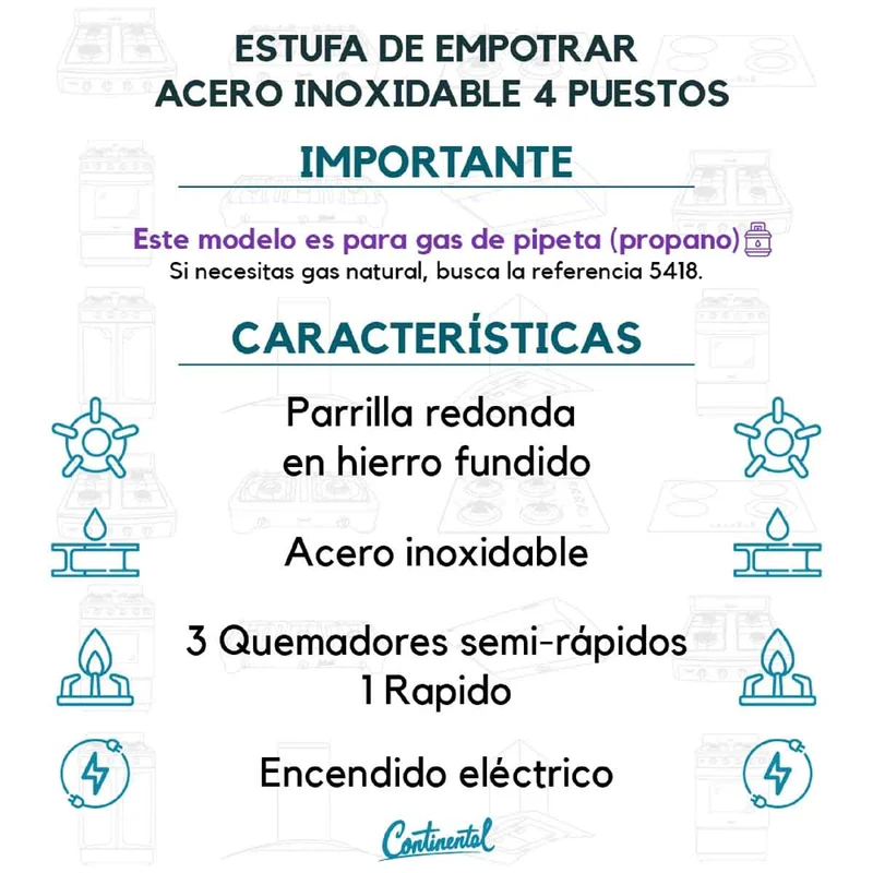 Estufa empotrable 4 puestos con medida de 61x51 a gas propano 110v en acero inoxidable Continental