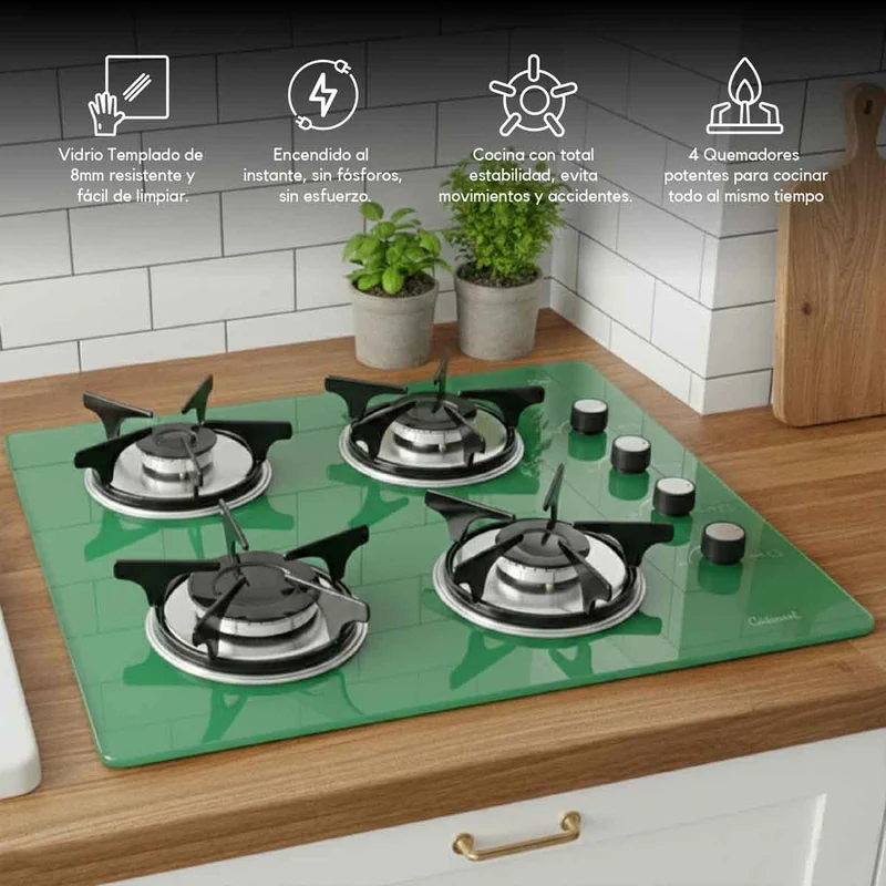 Estufa empotrable 4 puestos con medida de 62x52 a gas natural 110v en vidrio templado verde Continental