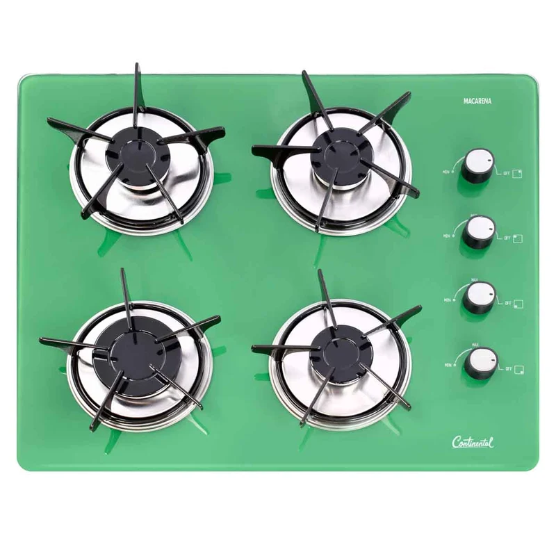 Estufa empotrable 4 puestos con medida de 62x52 a gas natural 110v en vidrio templado verde Continental