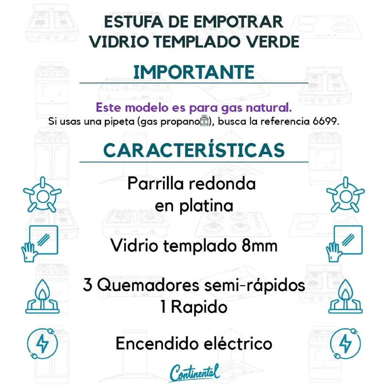 Estufa empotrable 4 puestos con medida de 62x52 a gas natural 110v en vidrio templado verde Continental