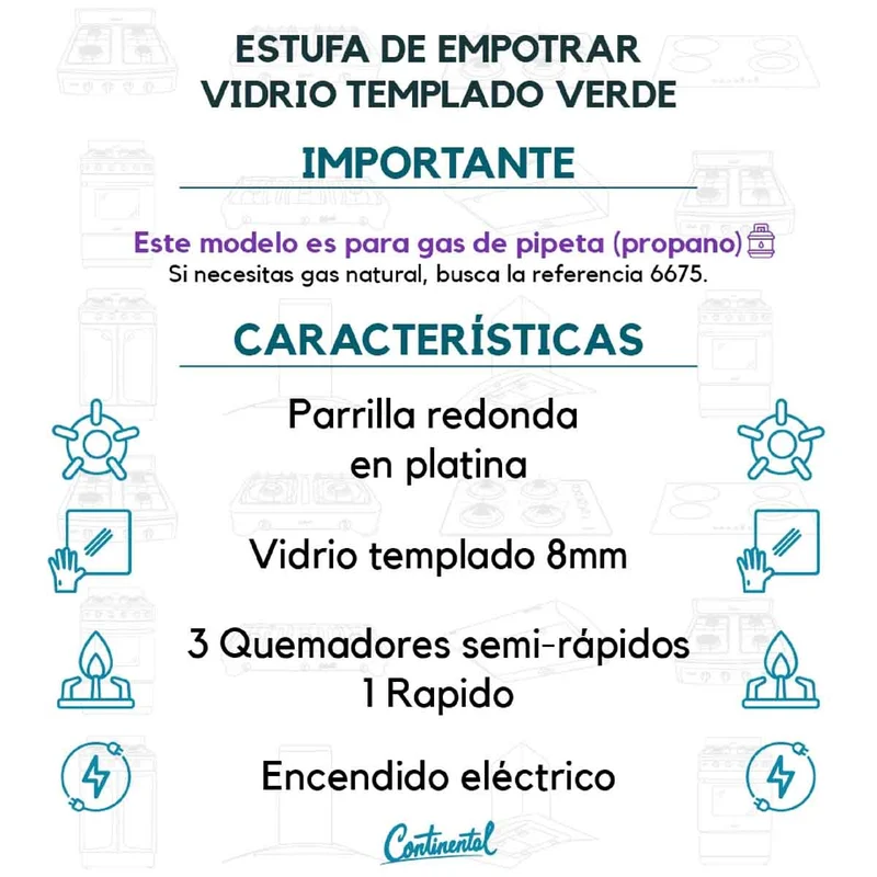 Estufa empotrable 4 puestos con medida de 62x52 a gas propano 110v en vidrio templado verde Continental
