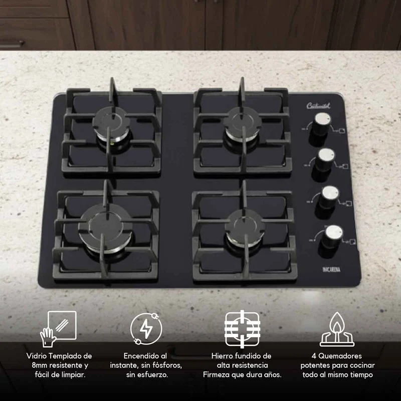 Estufa empotrable 4 puestos con medida de 60x45 a gas propano 110v en vidrio templado parrilla hierro fundido Continental