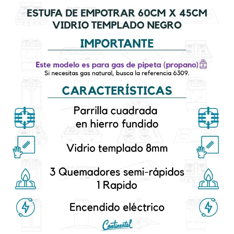 Estufa empotrable 4 puestos con medida de 60x45 a gas propano 110v en vidrio templado parrilla hierro fundido Continental