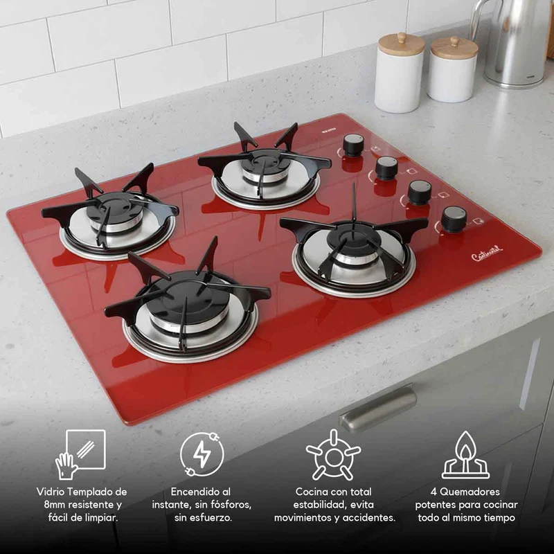 Estufa empotrable 4 puestos con medida de 62x52 a gas natural 110v en vidrio templado rojo Continental