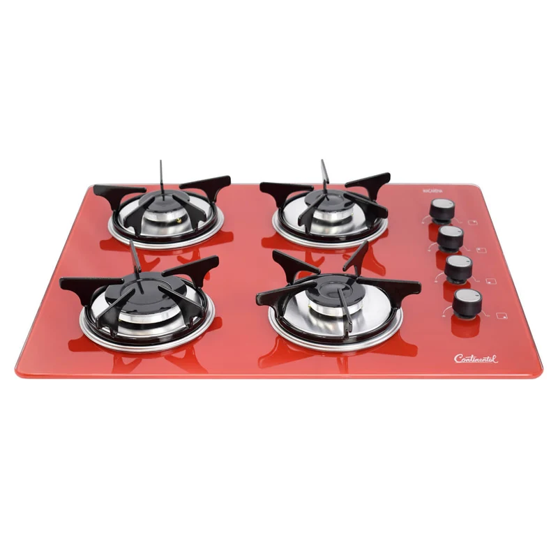 Estufa empotrable 4 puestos con medida de 62x52 a gas natural 110v en vidrio templado rojo Continental