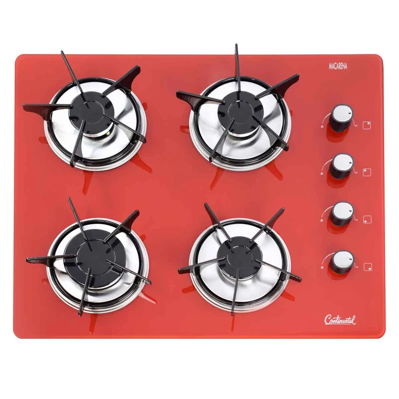 Estufa empotrable 4 puestos con medida de 62x52 a gas natural 110v en vidrio templado rojo Continental
