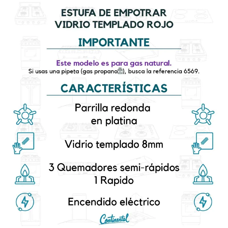 Estufa empotrable 4 puestos con medida de 62x52 a gas natural 110v en vidrio templado rojo Continental
