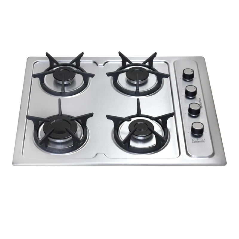 Estufa empotrable 4 puestos con medida de 61x51 a gas natural 110v en acero inoxidable Continental