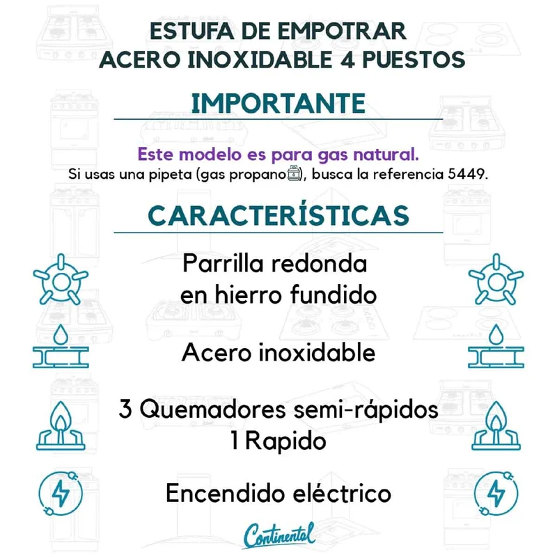 Estufa empotrable 4 puestos con medida de 61x51 a gas natural 110v en acero inoxidable Continental