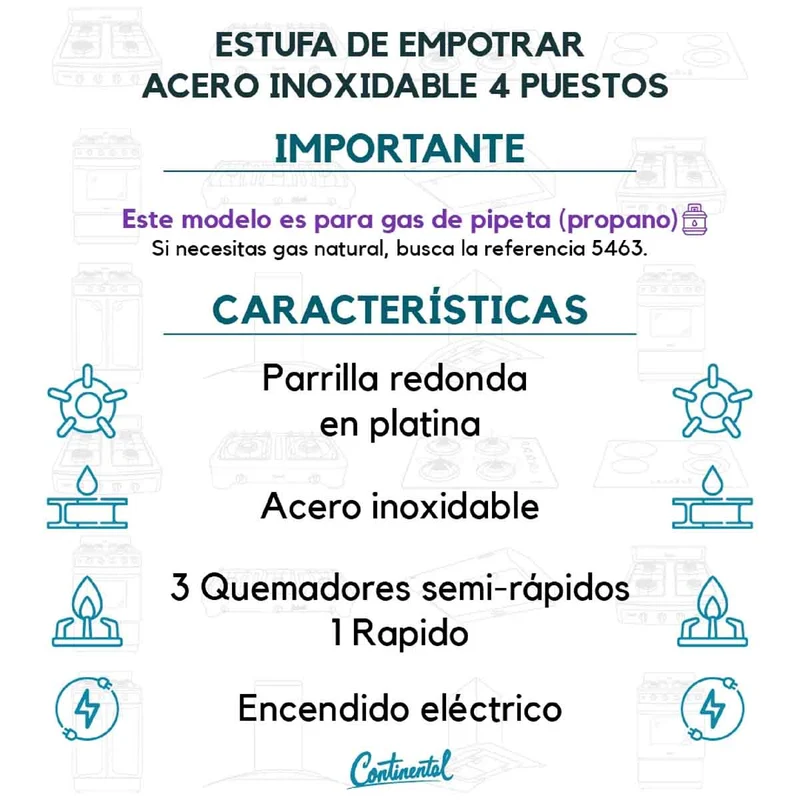 Estufa empotrable 4 puestos con medida de 61x51 a gas propano 110v en acero inoxidable Continental