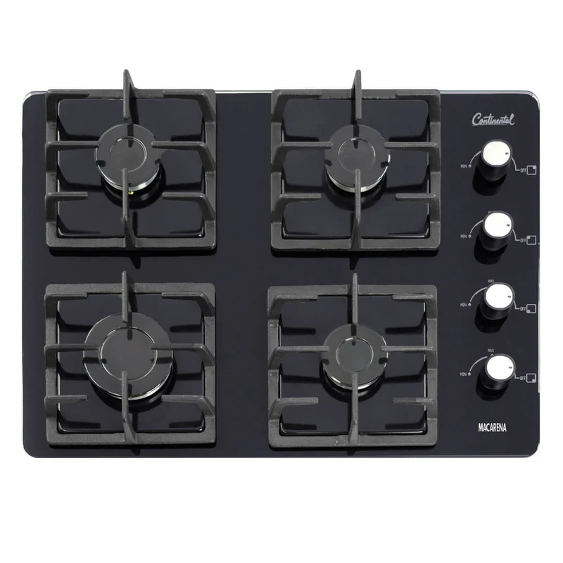Estufa empotrable 4 puestos con medida de 60x45 a gas natural 110v en vidrio templado parrilla hierro fundido Continental