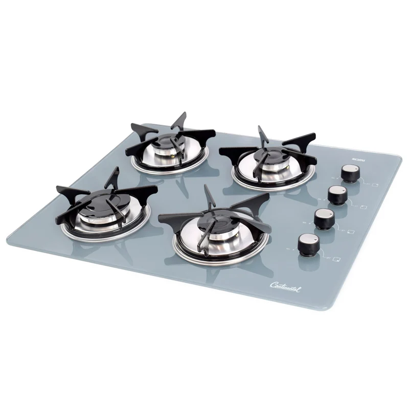 Estufa empotrable 4 puestos con medida de 62x52 a gas natural 110v en vidrio templado gris Continental