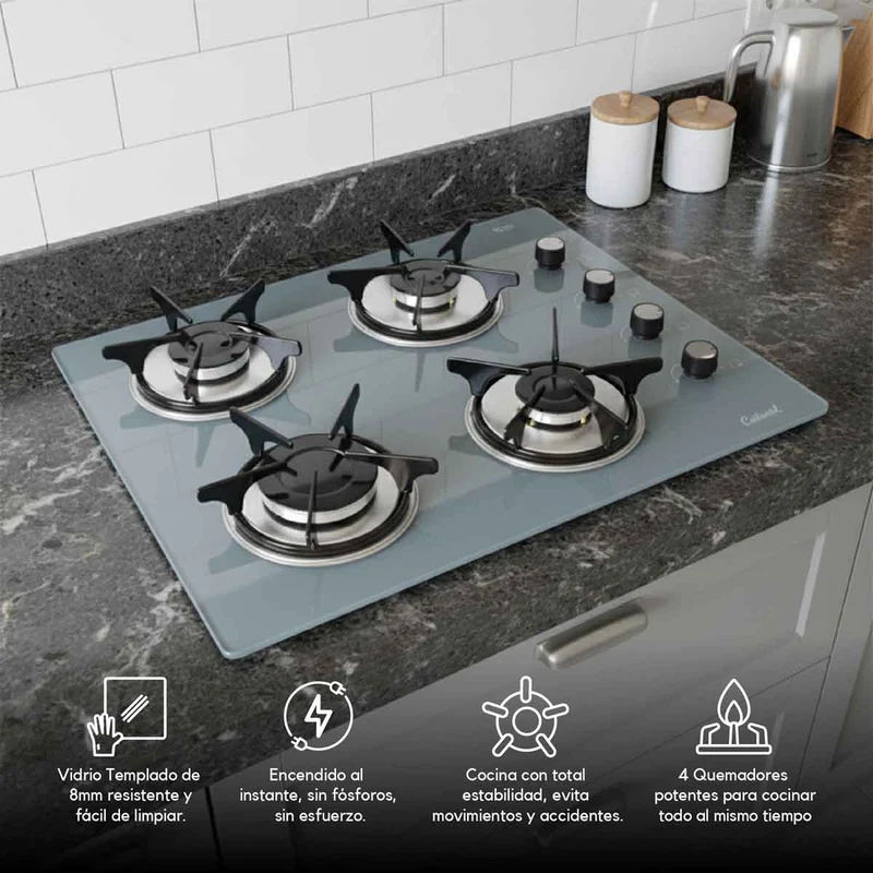 Estufa empotrable 4 puestos con medida de 62x52 a gas natural 110v en vidrio templado gris Continental