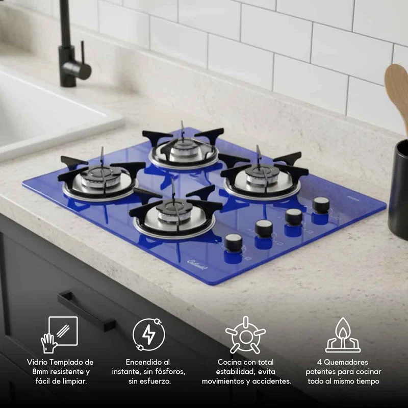 Estufa empotrable 4 puestos con medida de 62x52 a gas natural 110v en vidrio templado azul Continental
