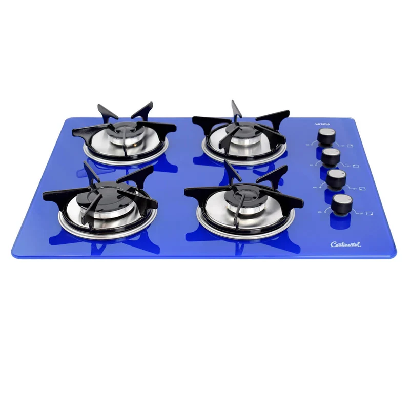 Estufa empotrable 4 puestos con medida de 62x52 a gas natural 110v en vidrio templado azul Continental