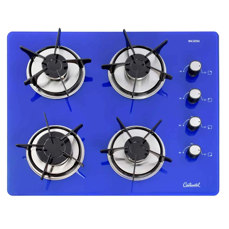 Estufa empotrable 4 puestos con medida de 62x52 a gas natural 110v en vidrio templado azul Continental