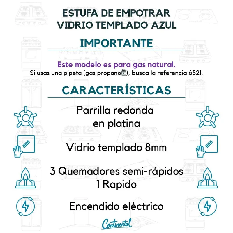 Estufa empotrable 4 puestos con medida de 62x52 a gas natural 110v en vidrio templado azul Continental