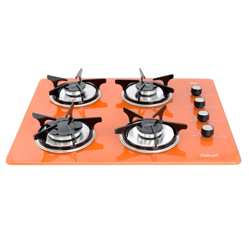 Estufa empotrable 4 puestos con medida de 62x52 a gas propano 110v en vidrio templado naranja Continental