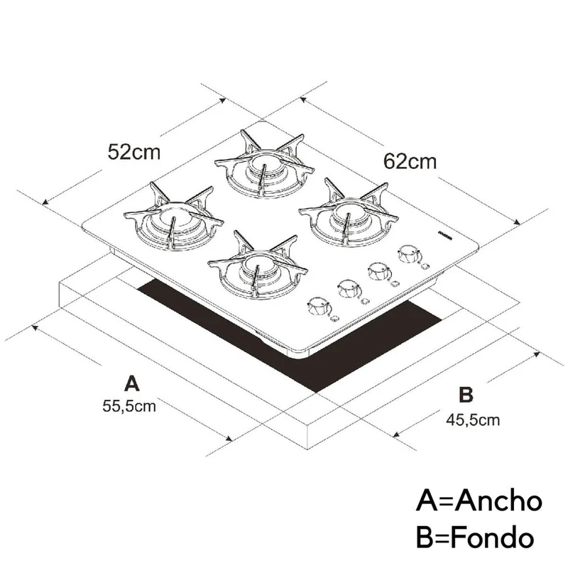 Estufa empotrable 4 puestos con medida de 62x52 a gas propano 110v en vidrio templado naranja Continental