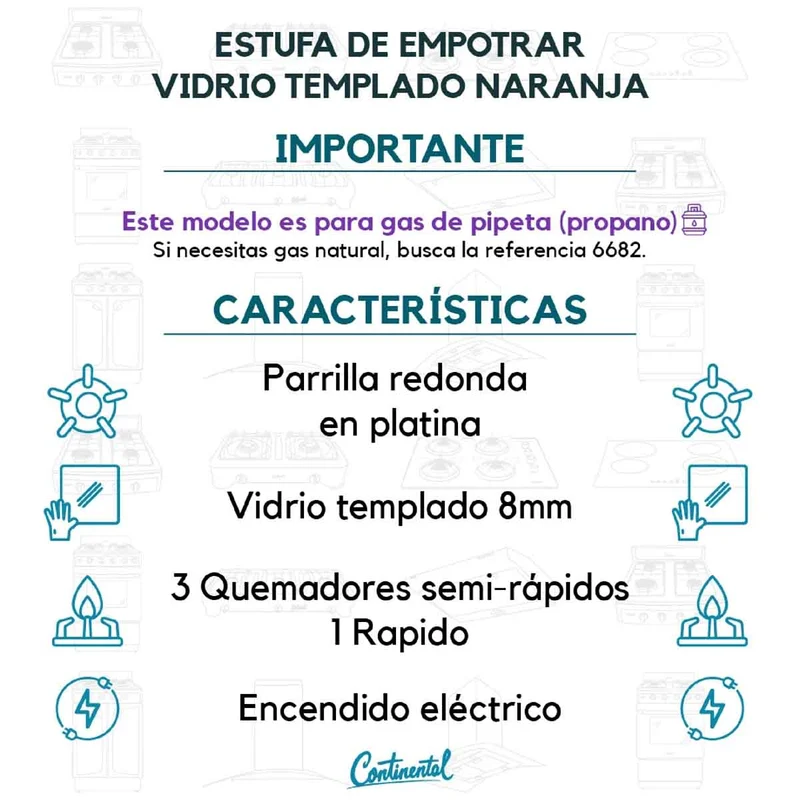 Estufa empotrable 4 puestos con medida de 62x52 a gas propano 110v en vidrio templado naranja Continental
