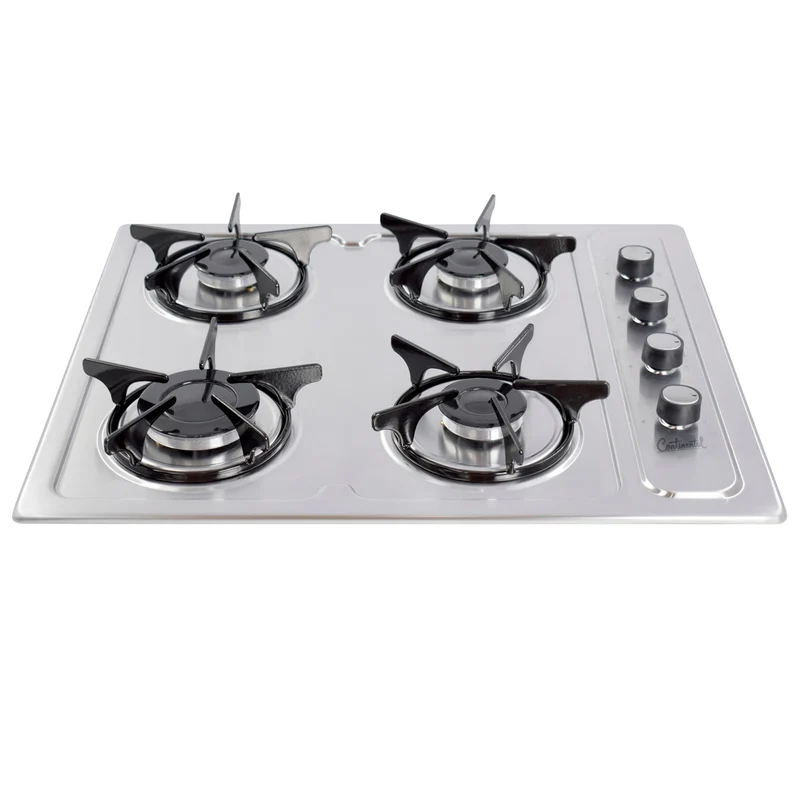 Estufa empotrable 4 puestos con medida de 61x51 a gas natural 110v en acero inoxidable Continental