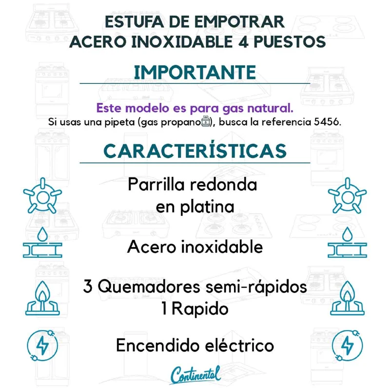Estufa empotrable 4 puestos con medida de 61x51 a gas natural 110v en acero inoxidable Continental