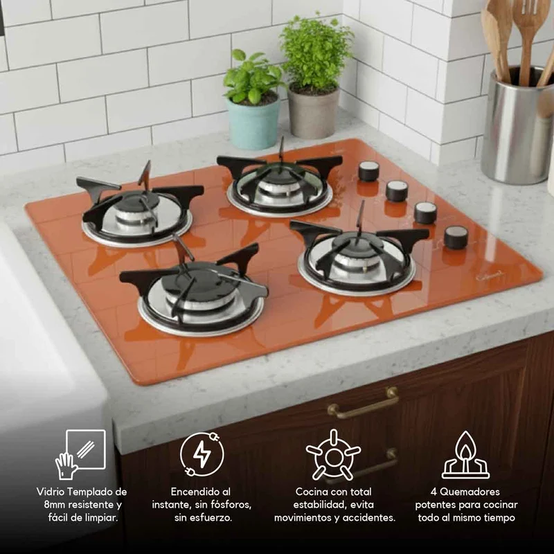 Estufa empotrable 4 puestos con medida 62x52 a gas natural 110v en vidrio templado naranja Continental