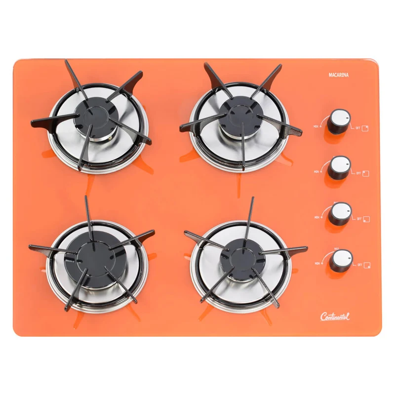Estufa empotrable 4 puestos con medida 62x52 a gas natural 110v en vidrio templado naranja Continental
