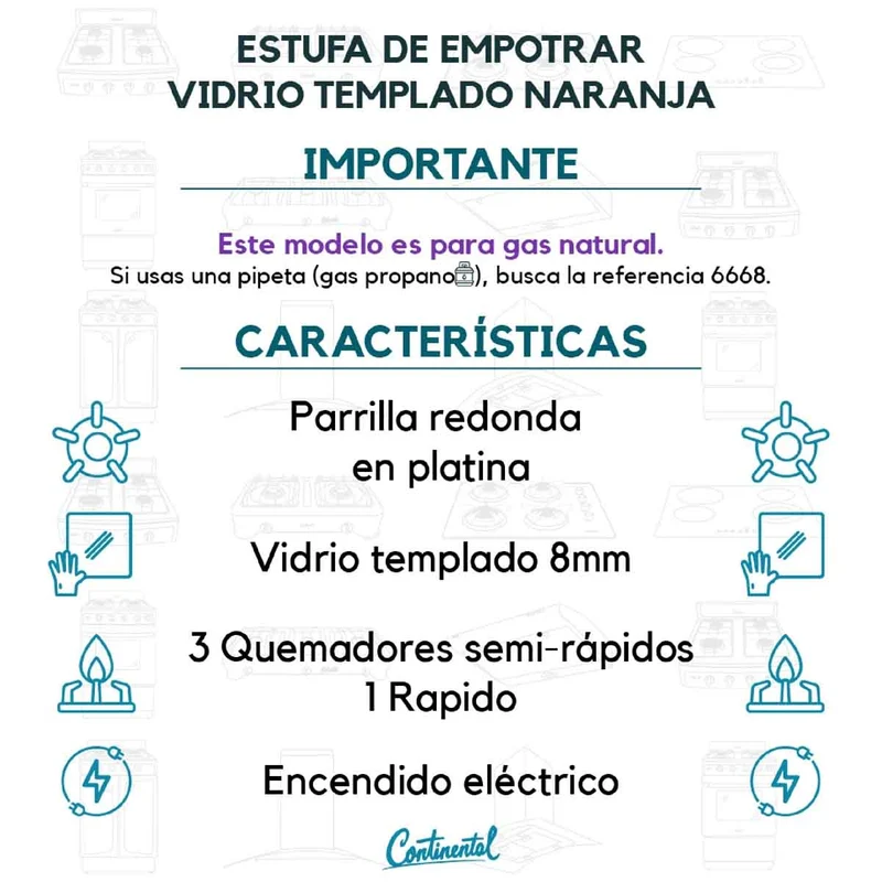 Estufa empotrable 4 puestos con medida 62x52 a gas natural 110v en vidrio templado naranja Continental