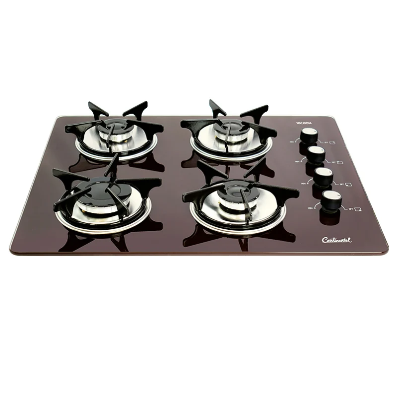 Estufa empotrable 4 puestos con medida de 62x52 a gas natural 110v en vidrio templado café Continental