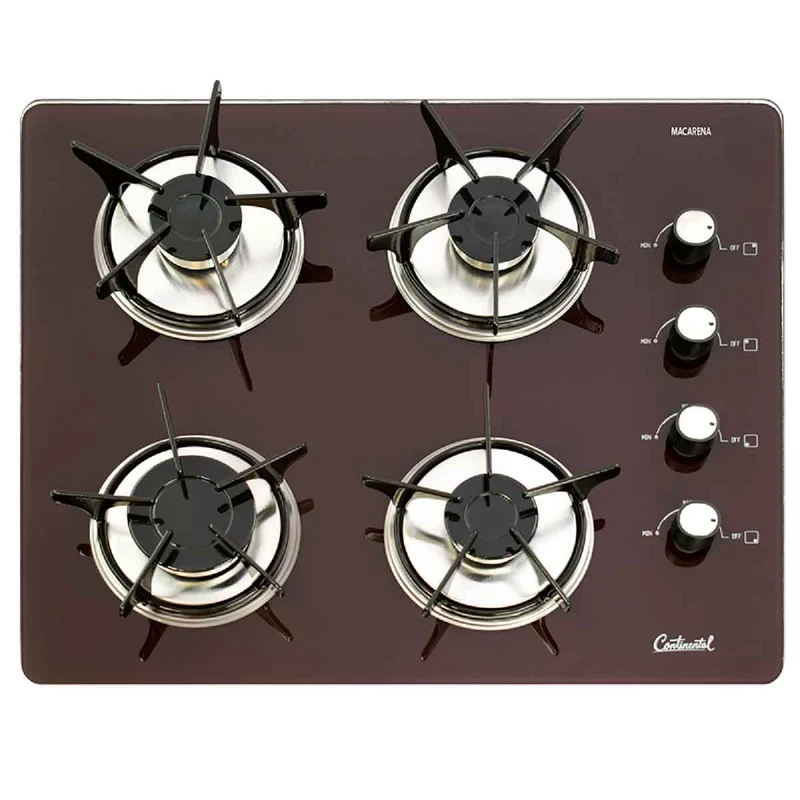 Estufa empotrable 4 puestos con medida de 62x52 a gas natural 110v en vidrio templado café Continental