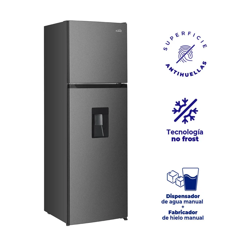 Nevera Kalley no frost con congelador superior de 332 Litros inverter, Color Gris – modelo K-NT332L