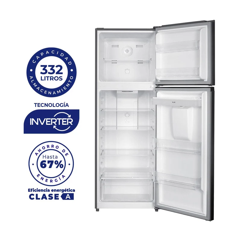Nevera Kalley no frost con congelador superior de 332 Litros inverter, Color Gris – modelo K-NT332L