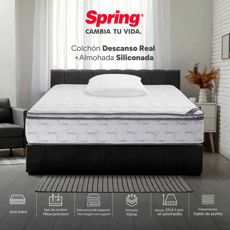 Colchón spring descanso real semidoble 120x190 cm + set almohada siliconada