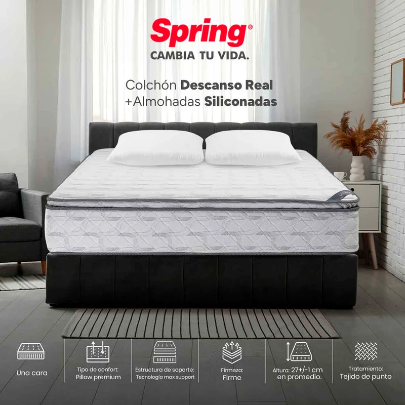 Colchón spring descanso real doble 140x190 cm + set almohadas siliconadas