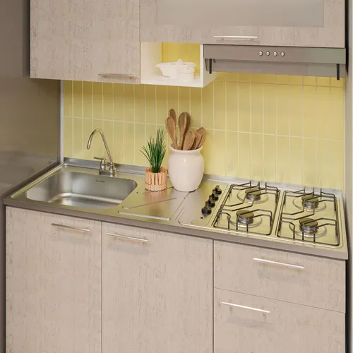 Mesón con lavaplatos en acero inoxidable 150×52 cm y estufa a gas marca Socoda