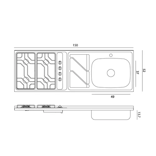 Mesón con lavaplatos en acero inoxidable 150×52 cm y estufa a gas marca Socoda
