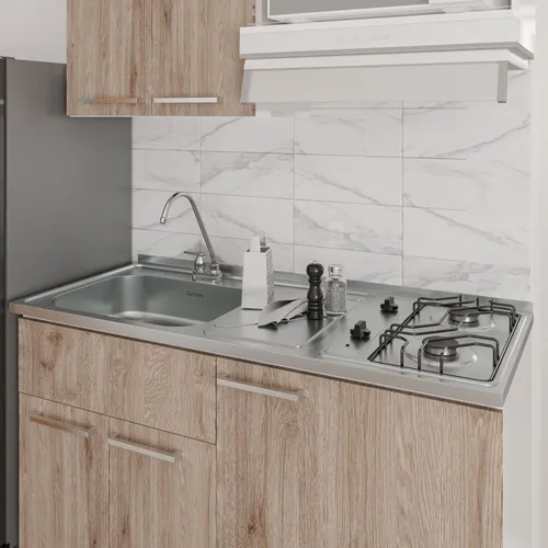 Mesón con lavaplatos en acero inoxidable 120×52 cm y estufa a gas marca Socoda