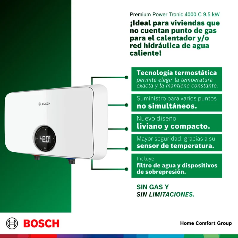 Calentador de agua eléctrico de paso 9,5 kW a 220 V Tronic 4000 C