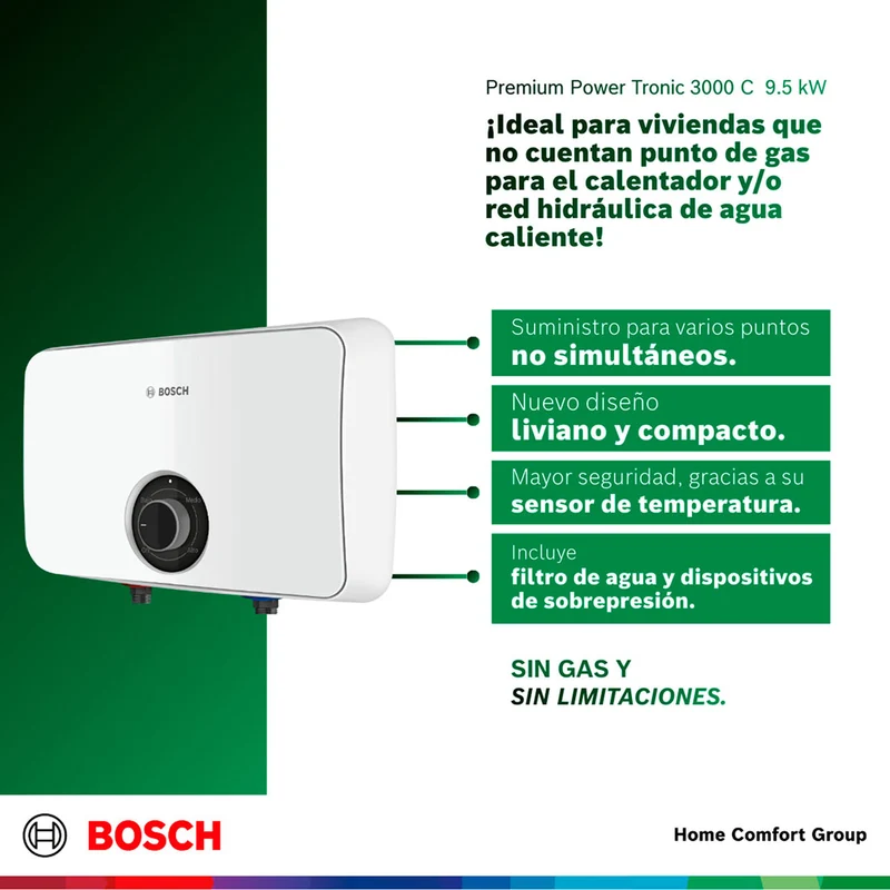 Calentador de agua eléctrico de paso 9,5 kW a 220 V Tronic 3000 C