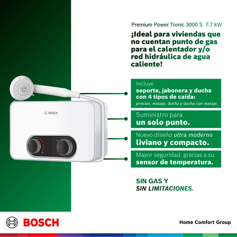 Calentador de agua eléctrico de paso 7,7 kW a 220 V Tronic 3000 S