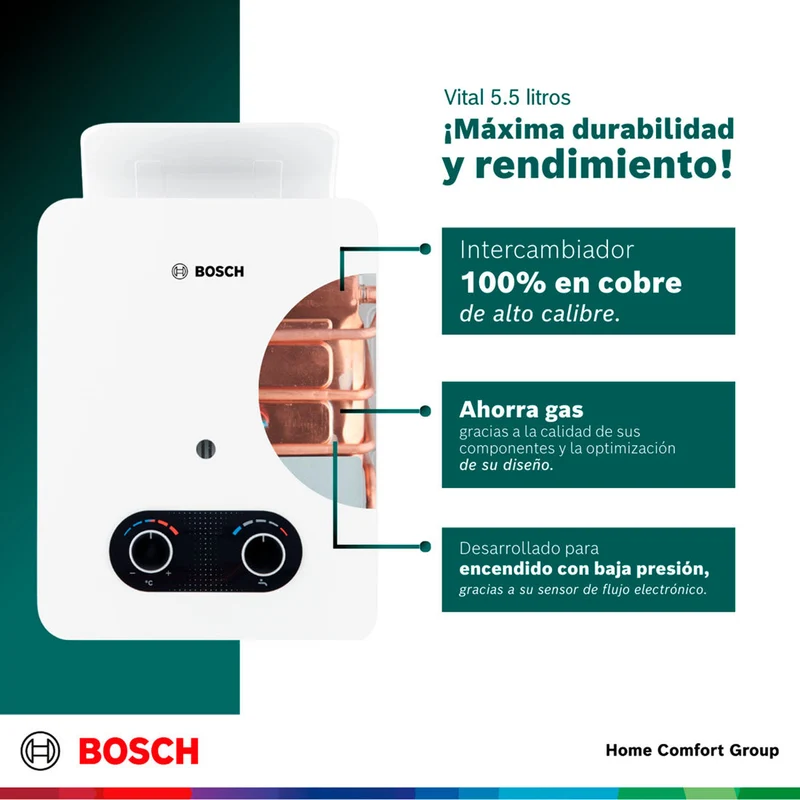 Calentador de agua 5.5 litros tiro natural de paso a gas propano Vital 1500 BOSCH
