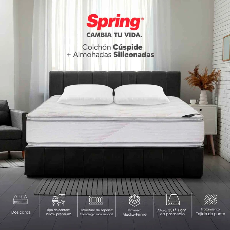 Combo colchón spring cuspide-doble 140x190 cm + set almohada siliconada