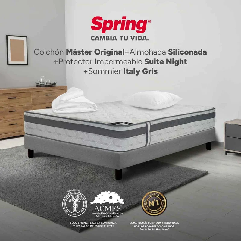 Combo colchon spring master original-120x190 + sommier italy gris + set x 2 almohadas siliconadas + protector