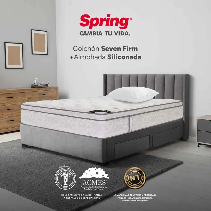 Combo colchón spring seven firm doble 140x190 cm + set almohada siliconada