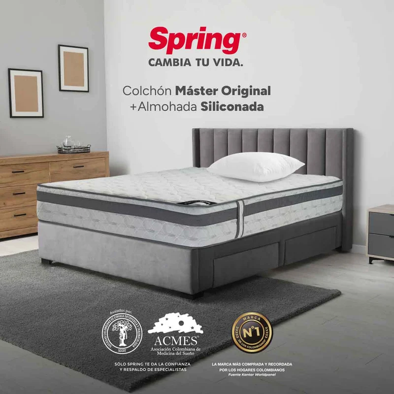 Combo colchón spring master original queen 160x190 cm + set almohada siliconada