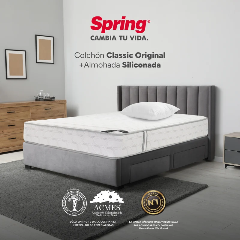 Combo colchón spring classic original semisencillo 90x190 cm + set almohada siliconada.