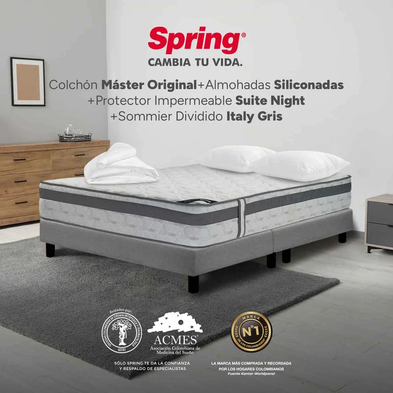 Combo colchon spring master original-140x190 + sommier italy gris + set x 2 almohadas siliconadas + protector