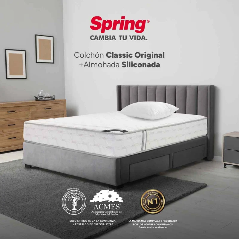 Combo colchón spring classic original sencillo 100x190 cm + set almohada siliconada.